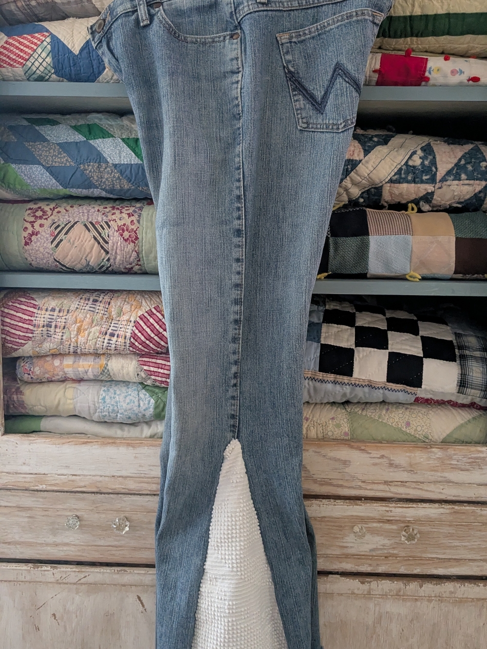 Women's Upcycled Wrangler Boot Cut Jeans with Vintage Chenille along boot line